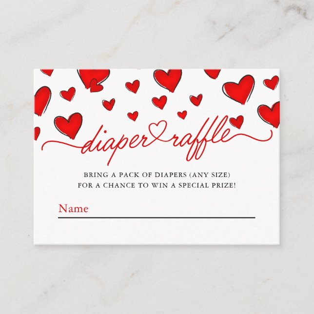 Valentines Red Hearts Diaper Raffle Baby Dusche Begleitkarte (Vorderseite)