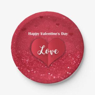 Valentines Red Paper Heart Glitzer - Papierplatte Pappteller