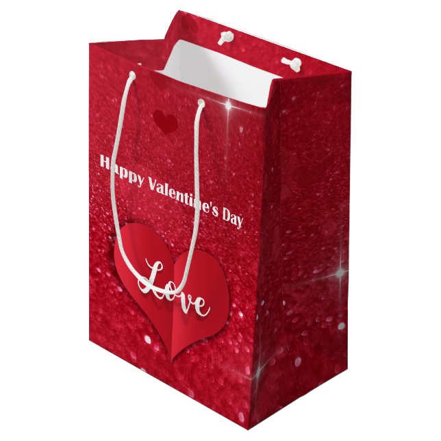Valentines Red Paper Heft Glitzer Medium Gift Bag Mittlere Geschenktüte (Vorderseite Schrägansicht)