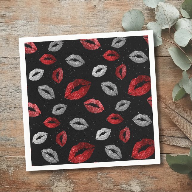 Valentines Red Silver Glitter Lips on Black  Serviette (Von Creator hochgeladen)
