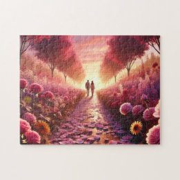 Valentine's Sunset Flower Path Romantic Couple
