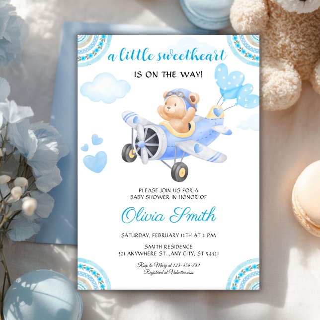 Valentines Sweetheart Blue Airplane Baby Shower Einladung (Von Creator hochgeladen)
