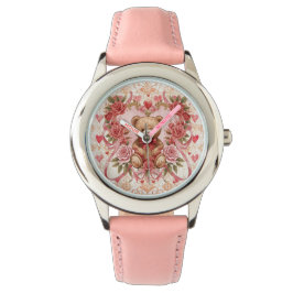Valentine's ,Teddy Bear,Pink Love Heart and Flower Armbanduhr