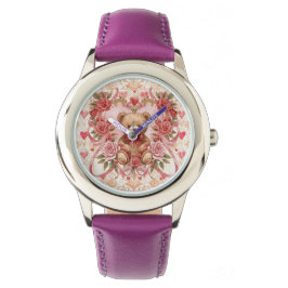 Valentine's ,Teddy Bear,Pink Love Heart and Flower Armbanduhr