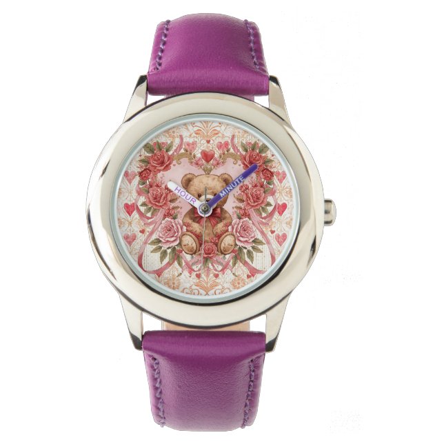 Valentine's ,Teddy Bear,Pink Love Heart and Flower Armbanduhr (Vorderseite)