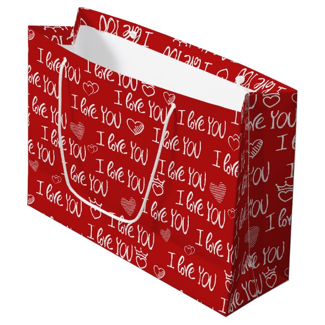 Valentine's Thema Red White I Liebe You Pattern Große Geschenktüte (Vorderseite Schrägansicht)