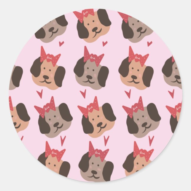 Valentines Welpen mit Bows Herzmuster Runder Aufkleber (Vorderseite)