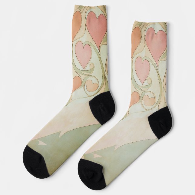 Valentinherzen im Hintergrund in hellrosa und grün Socken (Linkes Detail)