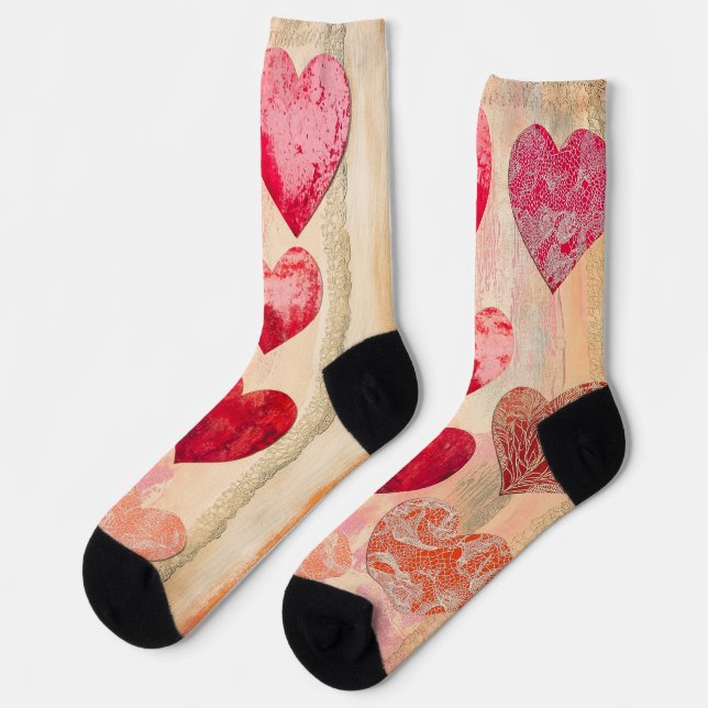 Valentinherzen und Spitzen auf texturiertem Hinter Socken (Linkes Detail)
