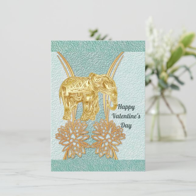 Valentinins Aquamarine Blue Gold Elephant Card (Stehend Vorderseite)