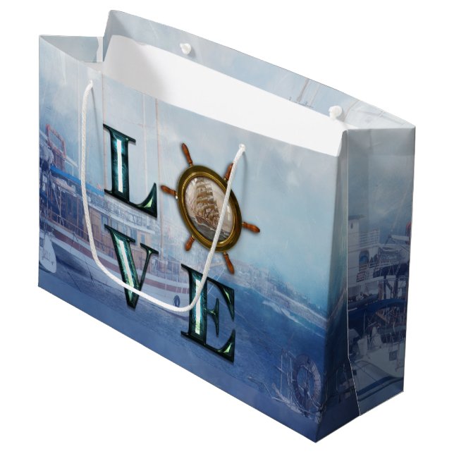 Valentinin's Aquarellfarben-Nautische "Liebe" Große Geschenktüte (Vorderseite Schrägansicht)