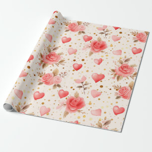 Valentinins pinkfarbene Rose und Herzen Geschenkpapier