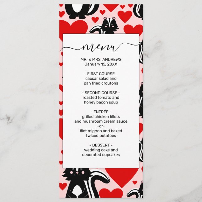 Valentinins rosa Skunk Herz Illustration Muster Menükarte (Vorderseite)