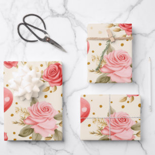 Valentinins Rosa und Rote Rosen und Herz Geschenkpapier Set