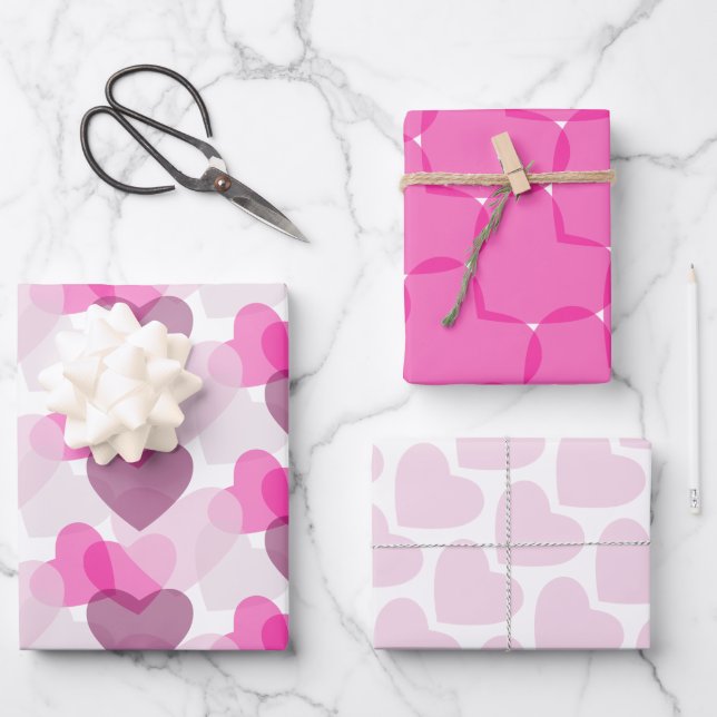 Valentinins transparentes Herz rosa blaues Muster Geschenkpapier Set (Vorderseite)
