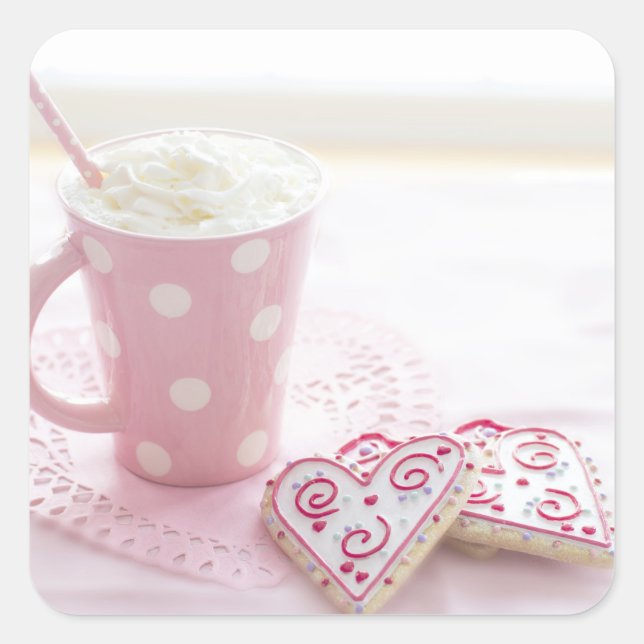 Valentinische Liebe Cookies Heiße Schokolade Quadratischer Aufkleber (Vorderseite)