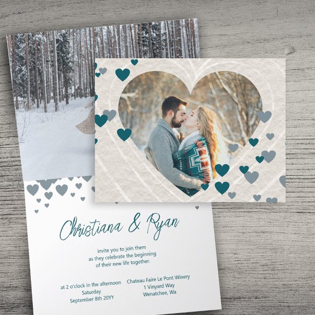Valentinisches Hochzeit, Aquamarine grüne graue He Einladung (unique blue teal green valentines february wedding invitations winter heart shaped valentine's day)