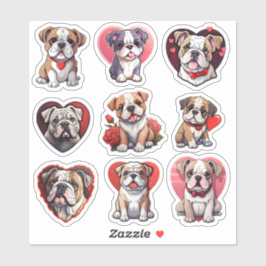 Valentinisches Set von 9 Bulldoggen-Aufklebern Aufkleber
