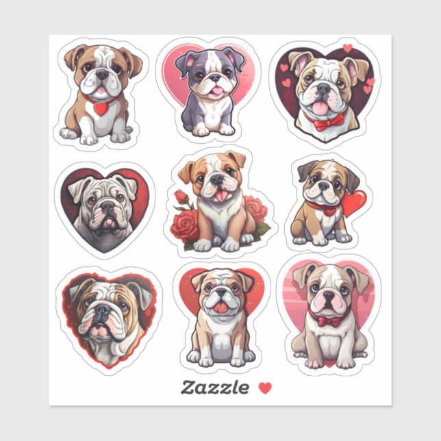 Valentinisches Set von 9 Bulldoggen-Aufklebern Aufkleber (Blatt)