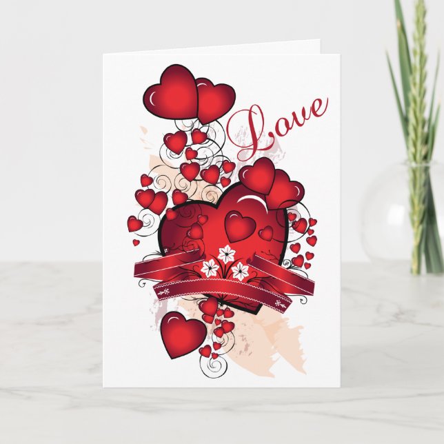 Valentinkarte für Red Shiny Hearts Feiertagskarte (Vorderseite)