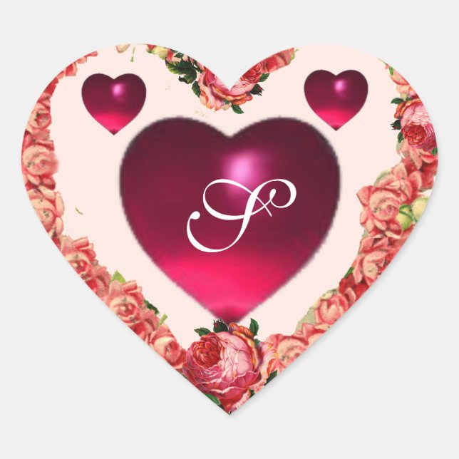 VALENTINS DACHHERZ MIT PINK ROSES MONOGRAM Herz-Aufkleber (Vorderseite)