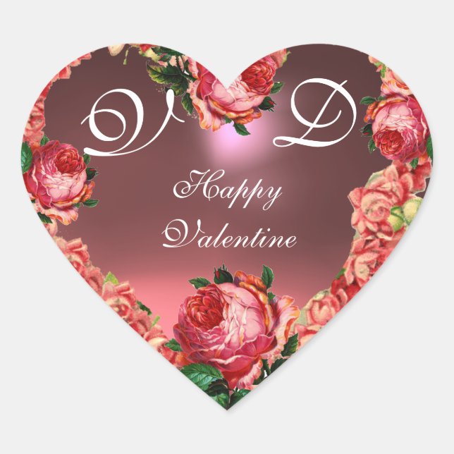 VALENTINS DACHHERZ MIT PINK ROSES MONOGRAM Herz-Aufkleber (Vorderseite)