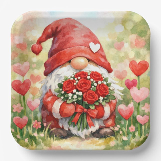Valentins-Gnom mit rotem Rosenstrauß Pappteller (Vorderseite)