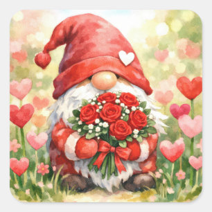 Valentins-Gnom mit rotem Rosenstrauß Quadratischer Aufkleber