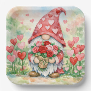 Valentins-Gnom mit roten Rosen Pappteller