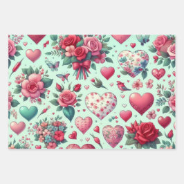 Valentins rosa Blume und Herzen Geschenkpapier Set