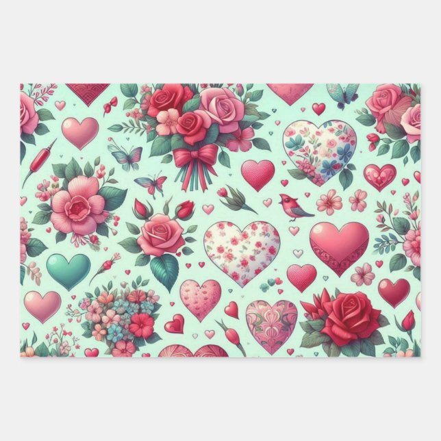 Valentins rosa Blume und Herzen Geschenkpapier Set (Vorderseite)