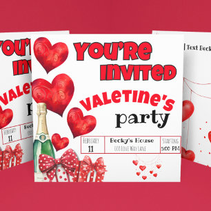 Valentins Rote Herzen und Polka Dots Champagne Einladung
