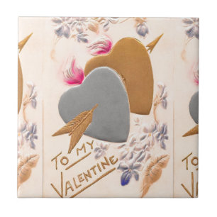 Valentins Silber- und Goldherzen Antike Postkarte Fliese