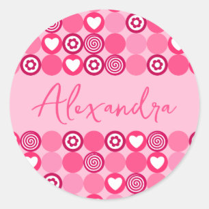 Valentins Süßes Rosa Herz- und Blumenmuster Name Runder Aufkleber