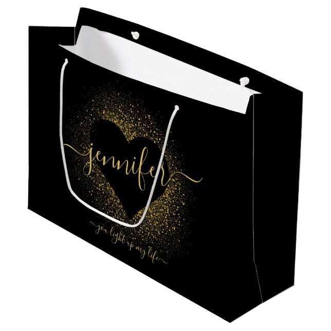 VALENTINS TÄGLICHER GOLDGOLD GLITZER CONFETTI HERZ GROßE GESCHENKTÜTE (Vorderseite Schrägansicht)