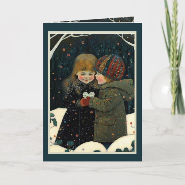 Valentinskarte Winternachtsjunge und Mädchen Karte (Vorderseite)