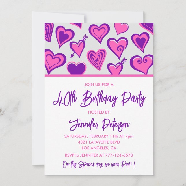Valentinstag 40. Geburtstag Einladung rosa Herz (Vorderseite)