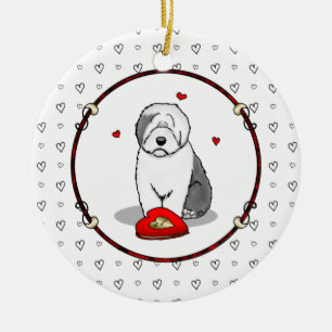 Valentinstag Altes Englisch Schafhund Grau 1 Niedl Keramik Ornament