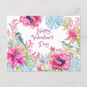 Valentinstag-Aquarell Vintage Blumen, Vögel Postkarte