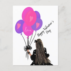 Valentinstag-Ballon Chic Mädchen Illustration Rosa Postkarte
