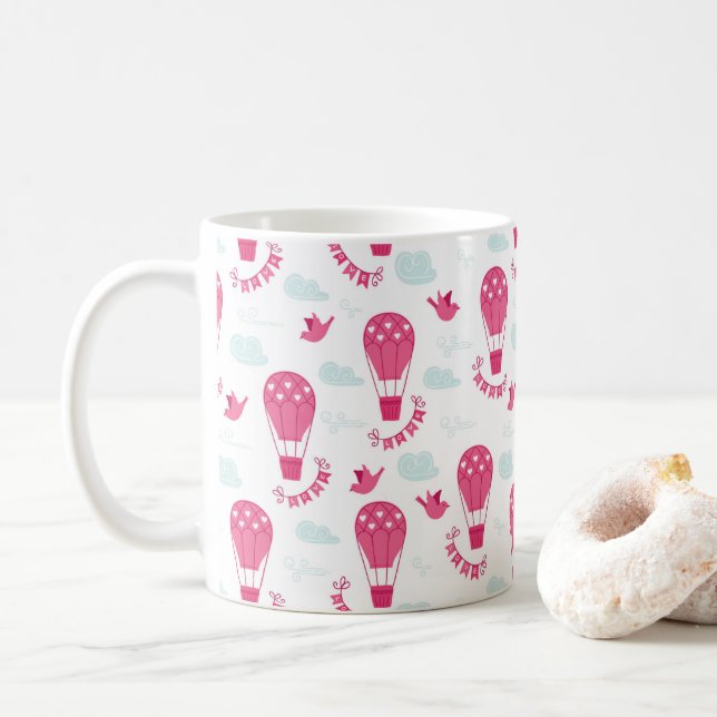 Valentinstag Ballons Vögel Liebe Rosa Muster Kaffeetasse (Mit Donut)