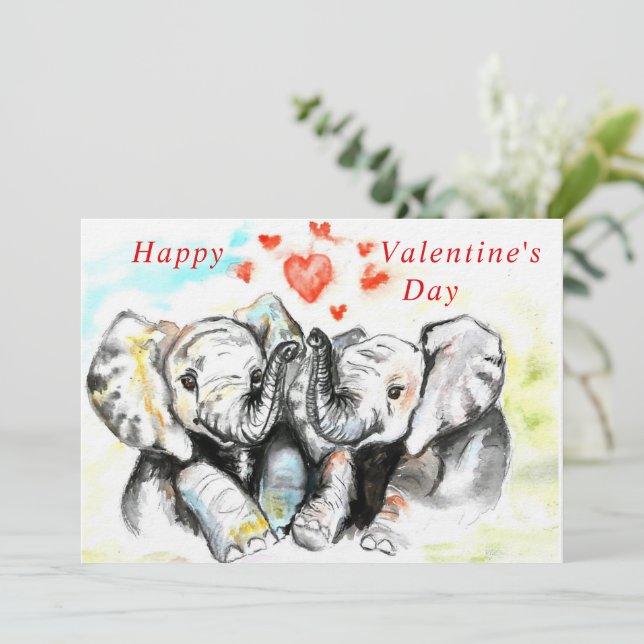 Valentinstag Card Coupé Elephant - Aquarellfarben (Stehend Vorderseite)
