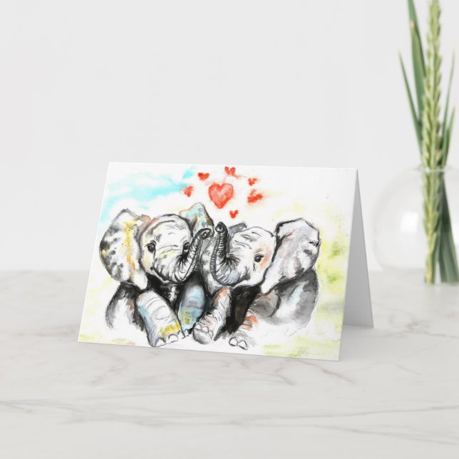 Valentinstag Card Couple Elephant - Malerei Karte (Vorderseite)