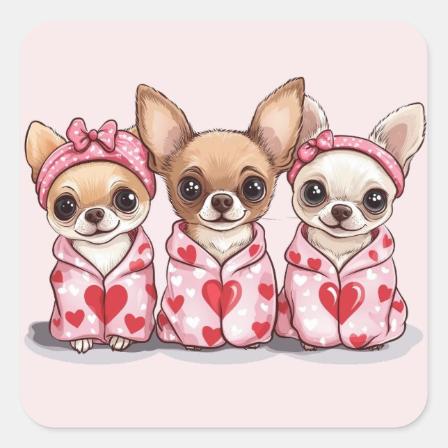 Valentinstag Chihuahua Dogs Quadratischer Aufkleber (Vorderseite)