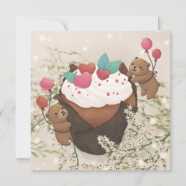 Valentinstag: Cupcake & Teddy Bears Feiertagskarte (Vorderseite)