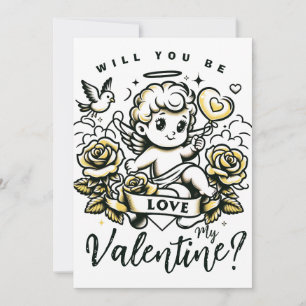 Valentinstag-Cupid mit gelben Rosen und Taube Feiertagskarte