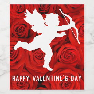 Valentinstag Cupid und Rote Rosen Weinetikett