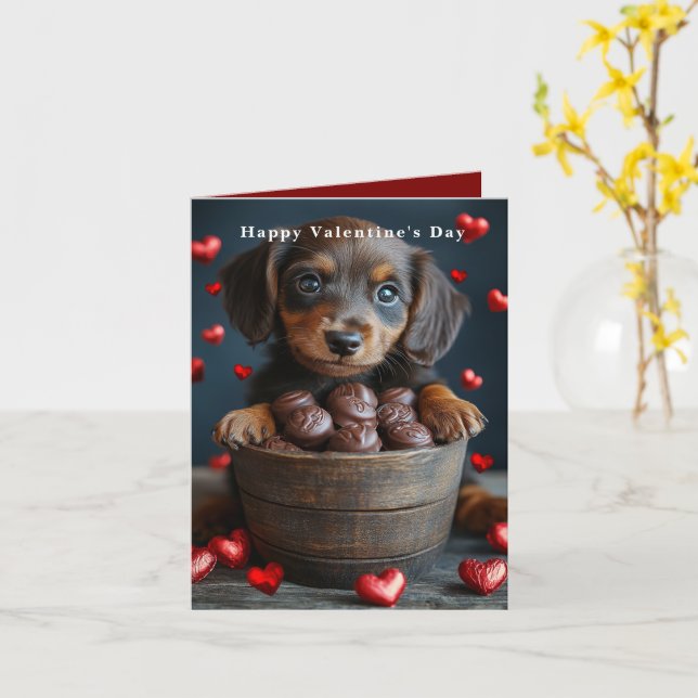 Valentinstag-Dachshund-Welpe rote Herzen  Karte (Gelbe Blume)