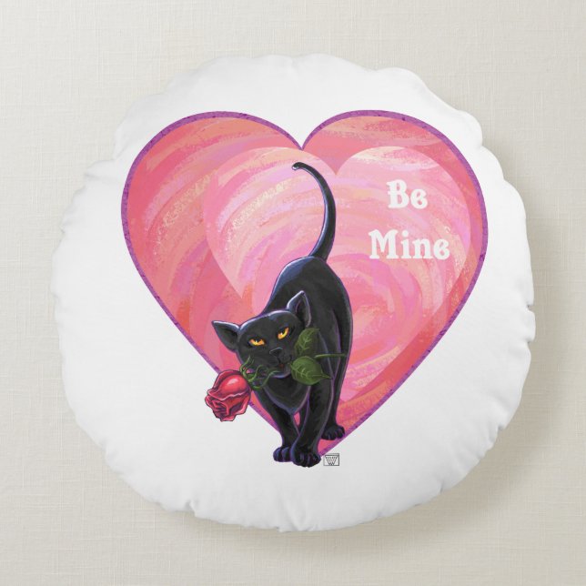 Valentinstag der Schwarzen Katze Rundes Kissen (Vorderseite)