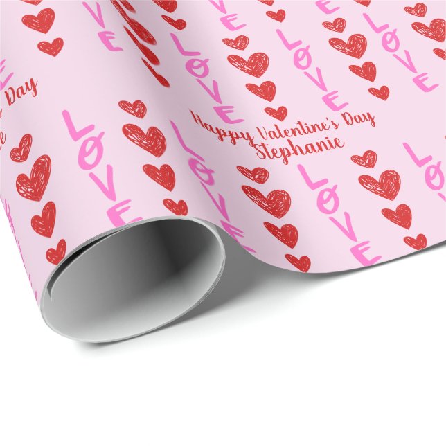 Valentinstag Doodle Herz Personalisiertes Wrapping Geschenkpapier (Rolleneckpunkt)